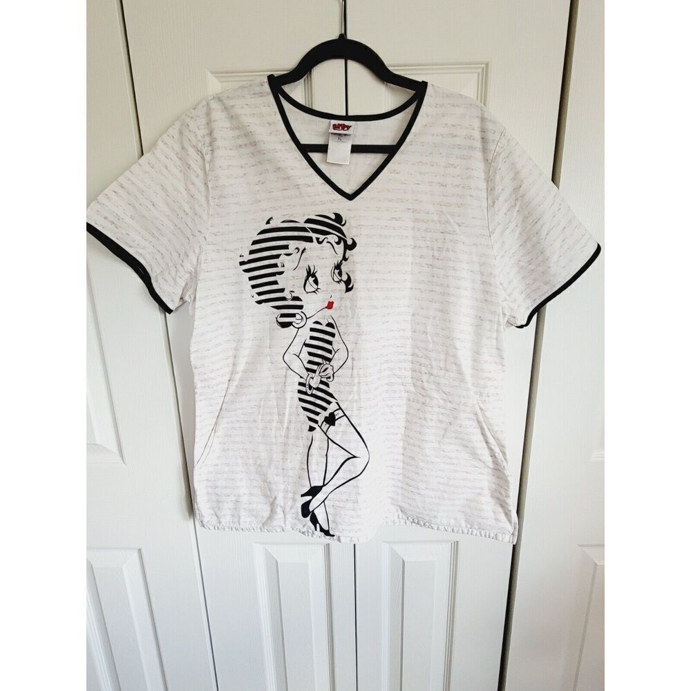 Betty Boop Scrub Top Women's XL Black‎ & Tan Striped Cotton Blend SS V-Neck